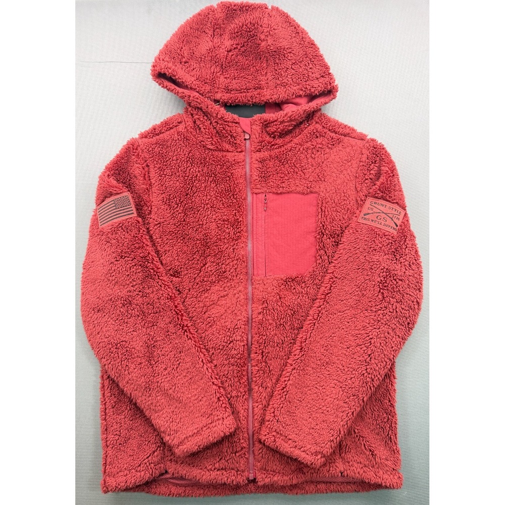 Grunt Style Sherpa Fleece Hooded Jacket Full Zip Flag Patch Red | Men's Medium - Picture 14 of 16